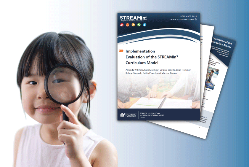 Girl with magnifying glass with pages of report in background